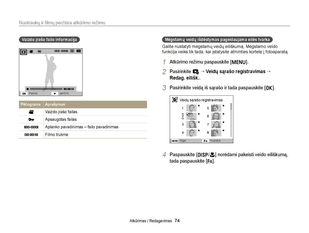 Samsung EC-ST88ZZFPLE2 manual Nuotraukų ir ﬁlmų peržiūra atkūrimo režimu, Atkūrimo režimu paspauskite m, Redag. eilišk 