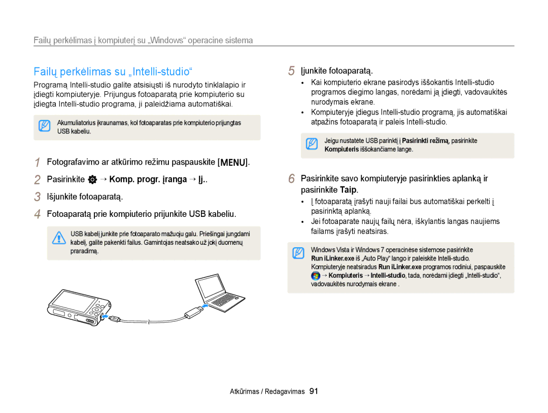 Samsung EC-ST88ZZFPWE2 Failų perkėlimas su „Intelli-studio, Failų perkėlimas į kompiuterį su „Windows operacine sistema 