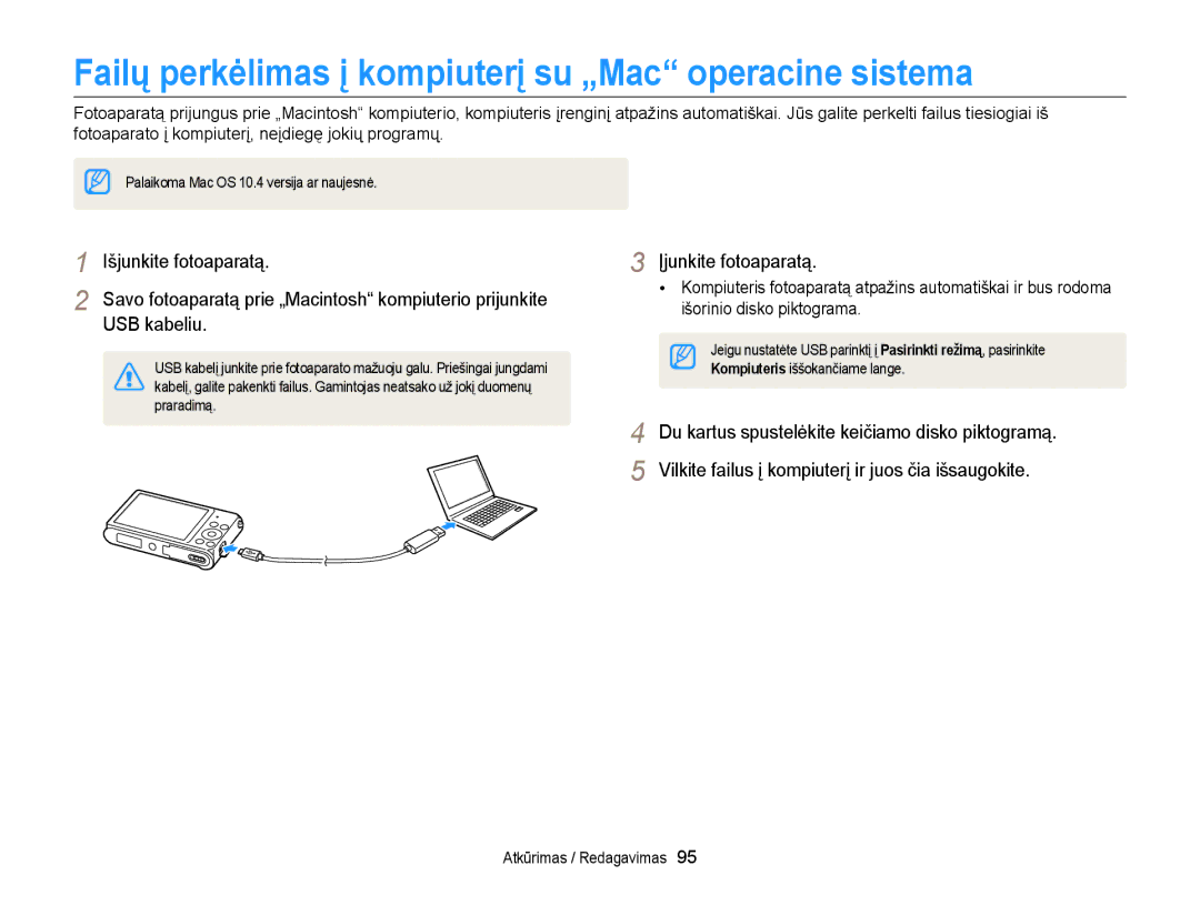 Samsung EC-ST88ZZBPLE2, EC-ST88ZZBPWE2, EC-ST88ZZFPWE2 manual Failų perkėlimas į kompiuterį su „Mac operacine sistema 