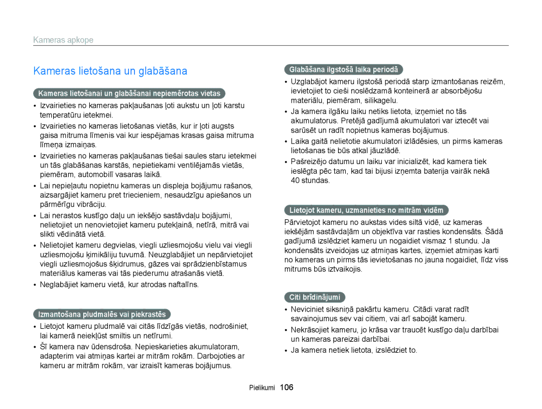 Samsung EC-ST88ZZFPBE2, EC-ST88ZZBPLE2, EC-ST88ZZBPWE2, EC-ST88ZZFPWE2 manual Kameras lietošana un glabāšana, Kameras apkope 