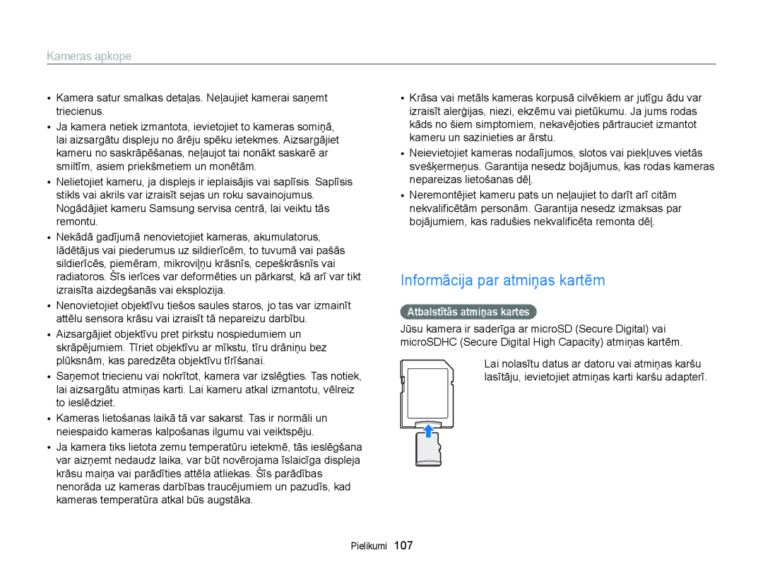 Samsung EC-ST88ZZBPLE2, EC-ST88ZZBPWE2, EC-ST88ZZFPWE2 manual Informācija par atmiņas kartēm, Atbalstītās atmiņas kartes 