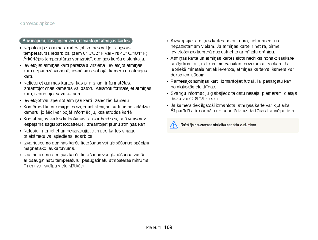 Samsung EC-ST88ZZFPWE2, EC-ST88ZZBPLE2, EC-ST88ZZBPWE2 manual Brīdinājumi, kas jāņem vērā, izmantojot atmiņas kartes 