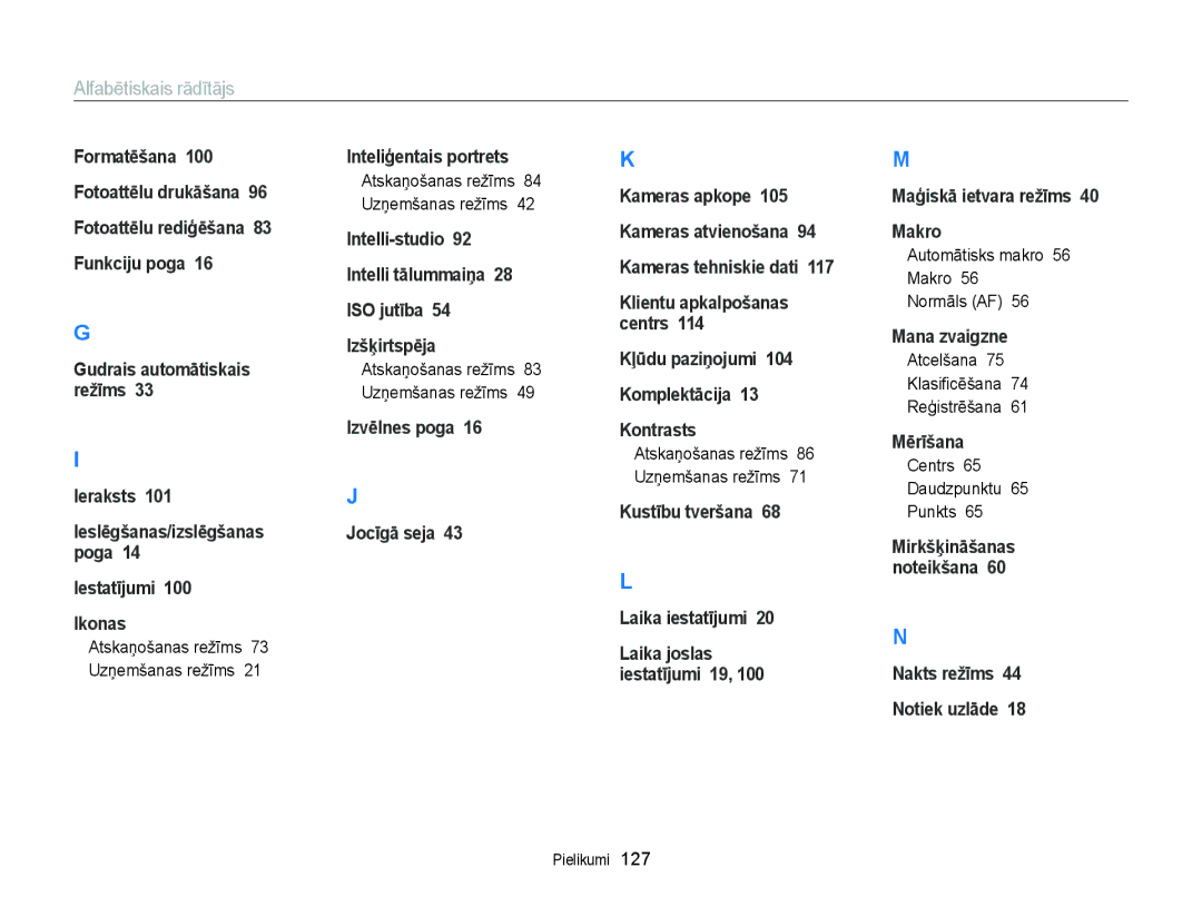 Samsung EC-ST88ZZFPWE2 Alfabētiskais rādītājs, Automātisks makro 56 Makro Normāls AF, Atcelšana Klasiﬁcēšana Reģistrēšana 