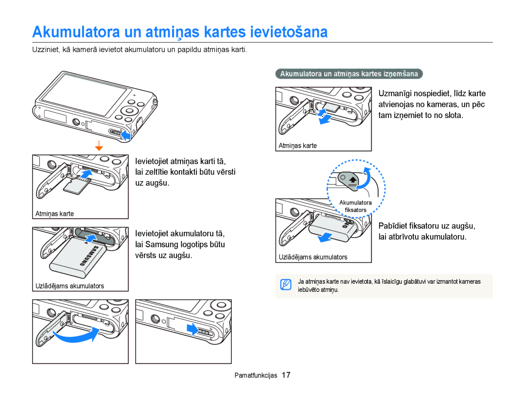 Samsung EC-ST88ZZBPLE2 manual Akumulatora un atmiņas kartes ievietošana, Uz augšu, Akumulatora un atmiņas kartes izņemšana 