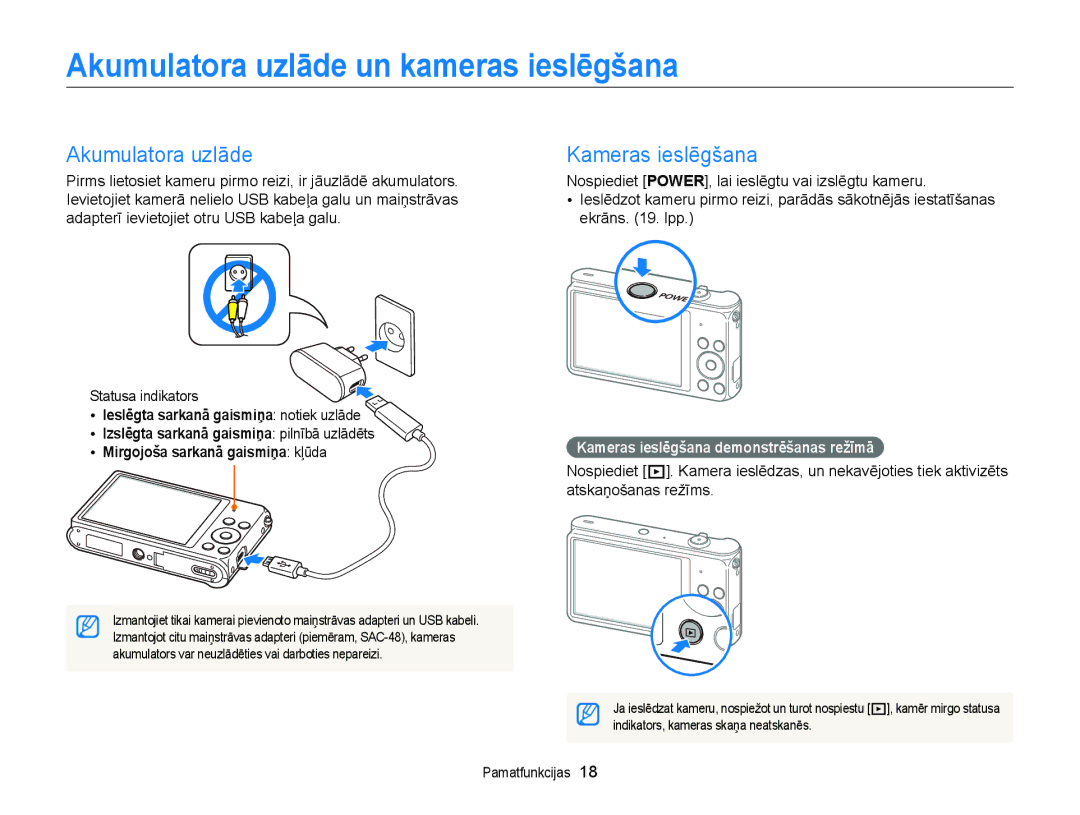 Samsung EC-ST88ZZBPWE2, EC-ST88ZZBPLE2 Akumulatora uzlāde un kameras ieslēgšana, Kameras ieslēgšana, Statusa indikators 