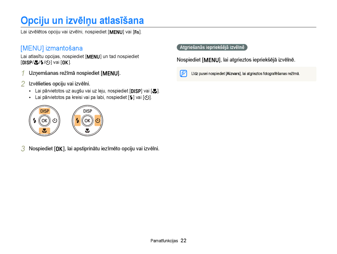 Samsung EC-ST88ZZFPBE2 Opciju un izvēlņu atlasīšana, Menu izmantošana, Nospiediet m, lai atgrieztos iepriekšējā izvēlnē 