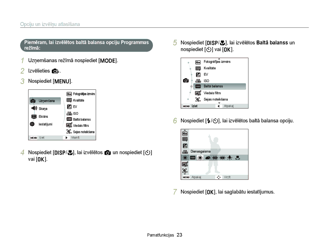 Samsung EC-ST88ZZBPLE2 manual Opciju un izvēlņu atlasīšana, Uzņemšanas režīmā nospiediet M Izvēlieties p Nospiediet m 