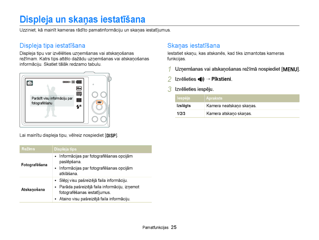 Samsung EC-ST88ZZFPWE2, EC-ST88ZZBPLE2 manual Displeja un skaņas iestatīšana, Displeja tipa iestatīšana, Skaņas iestatīšana 