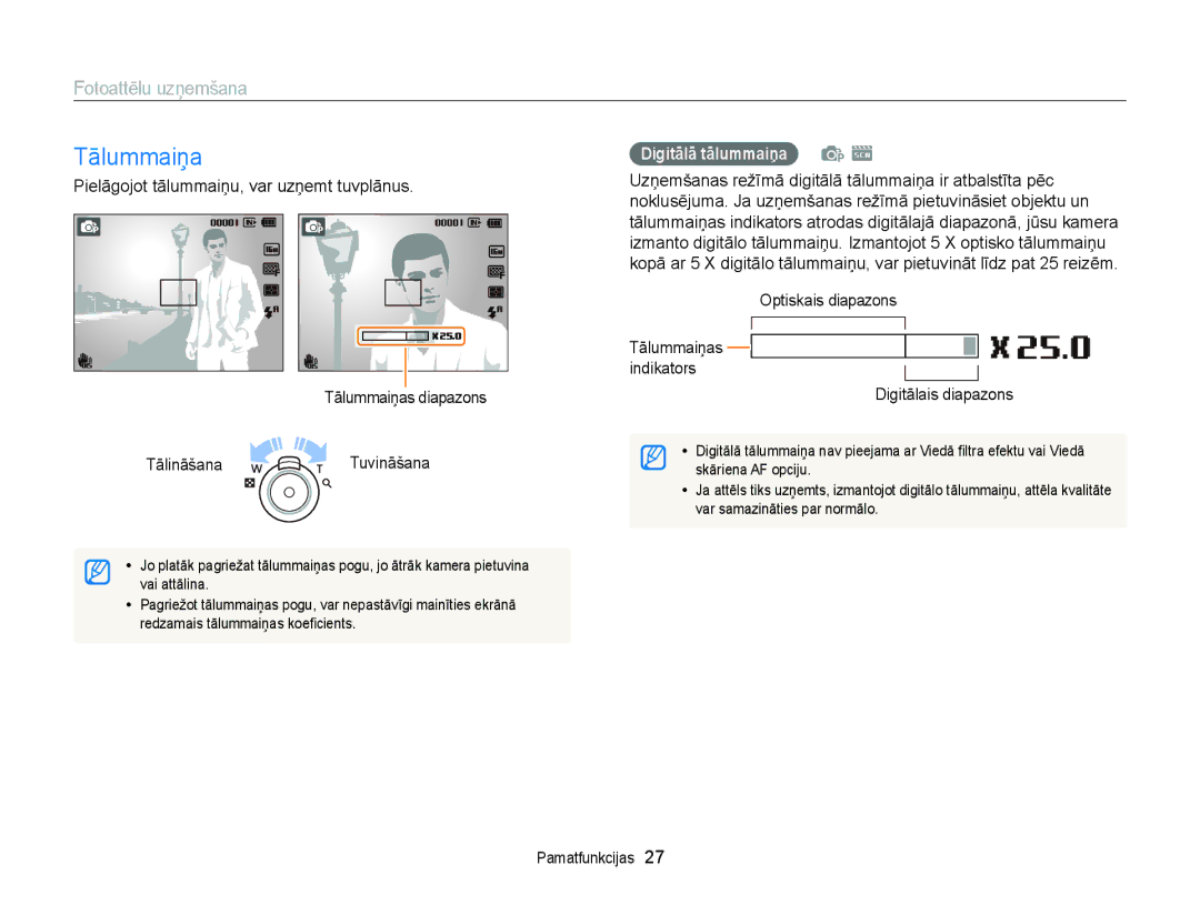 Samsung EC-ST88ZZBPBE2, EC-ST88ZZBPLE2, EC-ST88ZZBPWE2 manual Tālummaiņa, Fotoattēlu uzņemšana, Digitālā tālummaiņa p s 