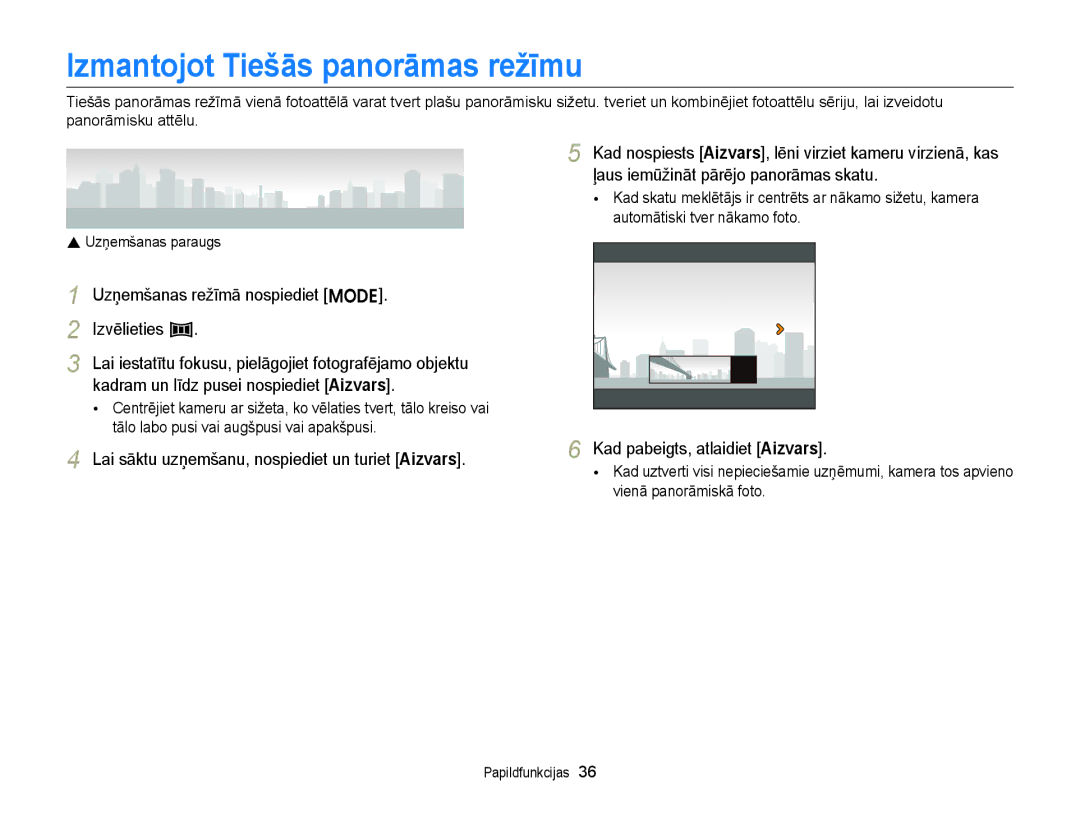 Samsung EC-ST88ZZBPWE2, EC-ST88ZZBPLE2 Izmantojot Tiešās panorāmas režīmu, Uzņemšanas režīmā nospiediet M, Izvēlieties N 