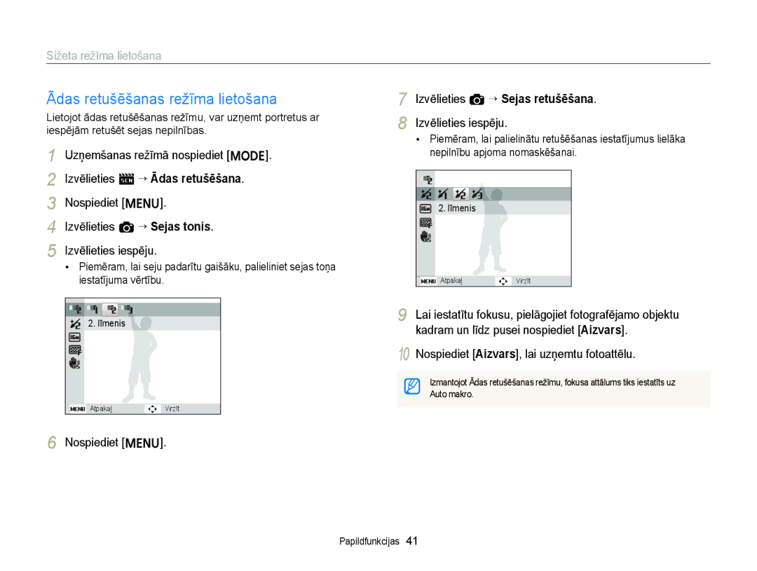 Samsung EC-ST88ZZBPLE2, EC-ST88ZZBPWE2, EC-ST88ZZFPWE2, EC-ST88ZZFPLE2, EC-ST88ZZBPBE2 manual Ādas retušēšanas režīma lietošana 