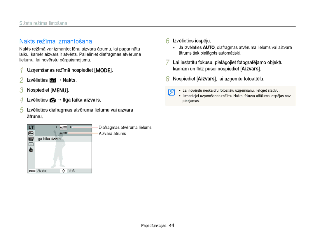 Samsung EC-ST88ZZFPLE2 manual Nakts režīma izmantošana, Izvēlieties diafragmas atvēruma lielumu vai aizvara ātrumu 