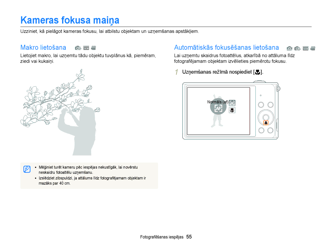 Samsung EC-ST88ZZFPWE2, EC-ST88ZZBPLE2, EC-ST88ZZBPWE2, EC-ST88ZZFPLE2 Kameras fokusa maiņa, Uzņemšanas režīmā nospiediet c 