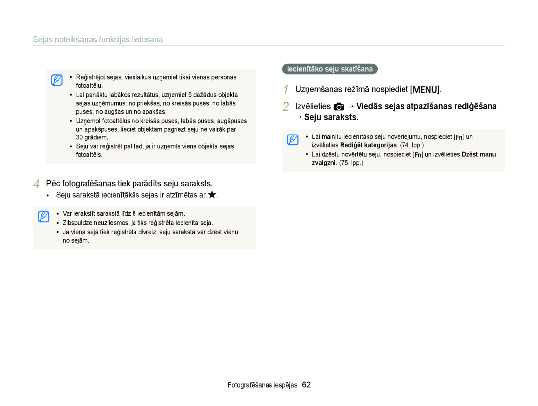 Samsung EC-ST88ZZFPLE2, EC-ST88ZZBPLE2 manual Pēc fotografēšanas tiek parādīts seju saraksts, Iecienītāko seju skatīšana 