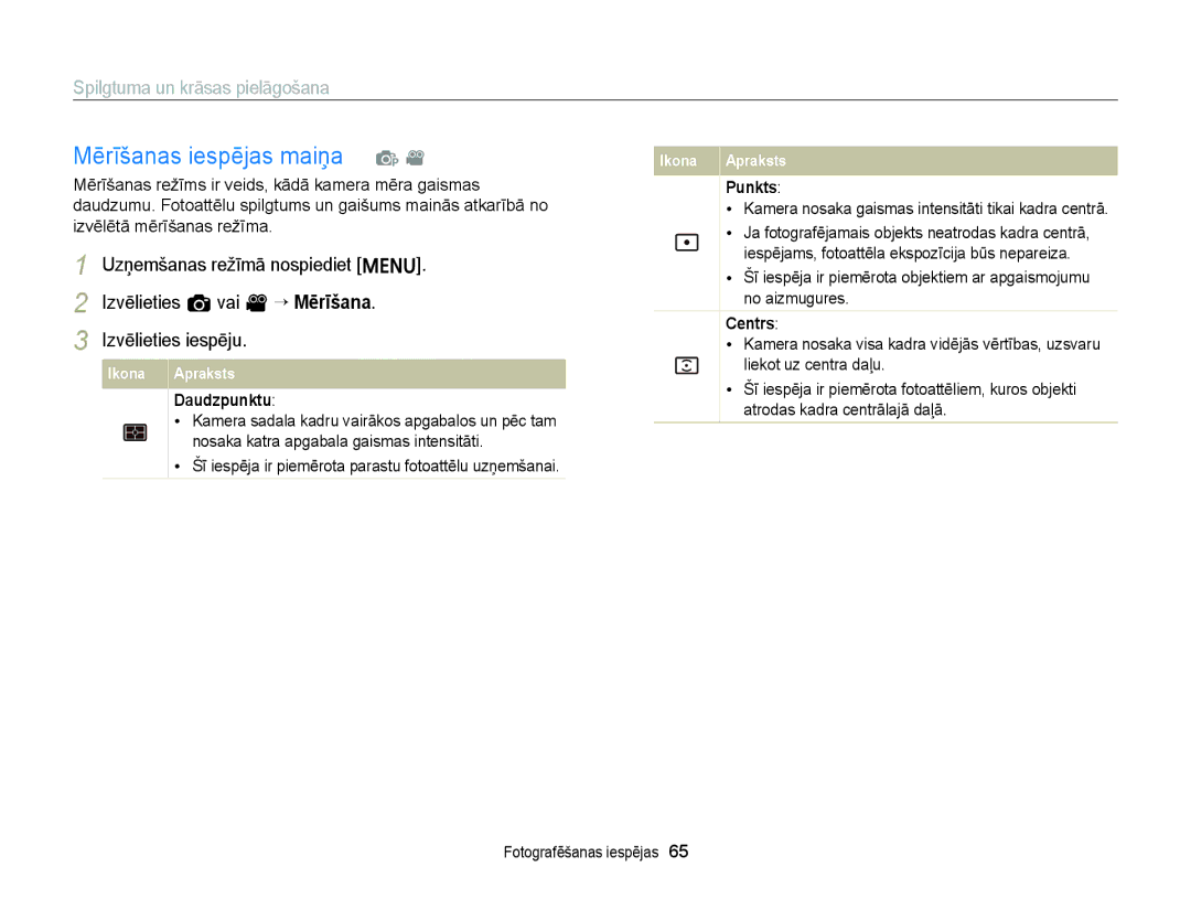 Samsung EC-ST88ZZBPLE2 manual Mērīšanas iespējas maiņa, Izvēlieties a vai v “ Mērīšana, Punkts, Centrs, Daudzpunktu 