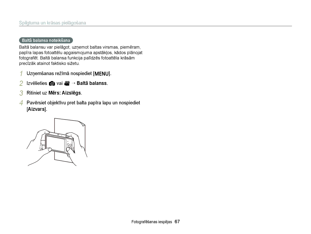 Samsung EC-ST88ZZFPWE2, EC-ST88ZZBPLE2, EC-ST88ZZBPWE2, EC-ST88ZZFPLE2, EC-ST88ZZBPBE2 manual Baltā balansa noteikšana 