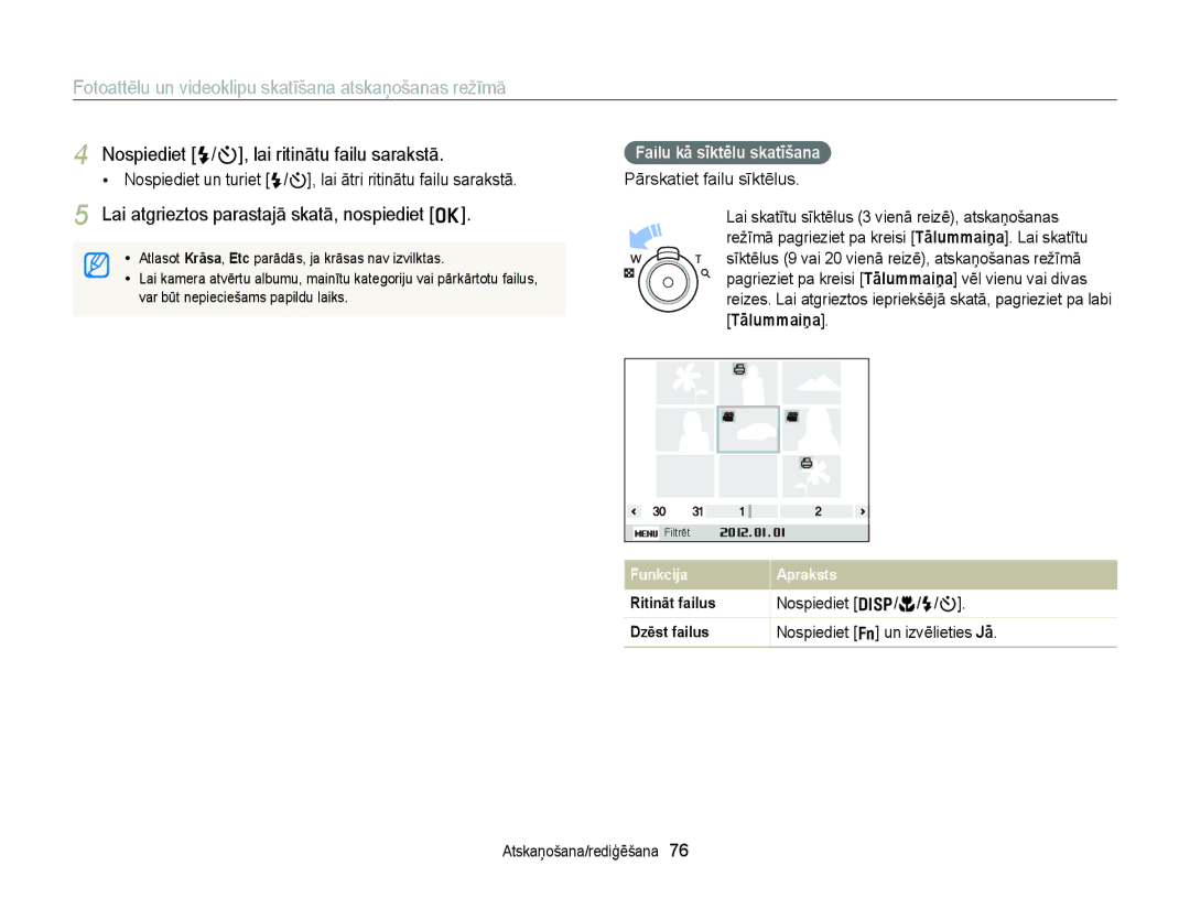 Samsung EC-ST88ZZFPBE2 manual Lai atgrieztos parastajā skatā, nospiediet o, Failu kā sīktēlu skatīšana, Tālummaiņa 