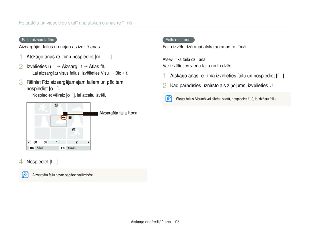 Samsung EC-ST88ZZBPLE2, EC-ST88ZZBPWE2, EC-ST88ZZFPWE2 manual Failu aizsardzība, Failu dzēšana, Atsevišķa faila dzēšana 