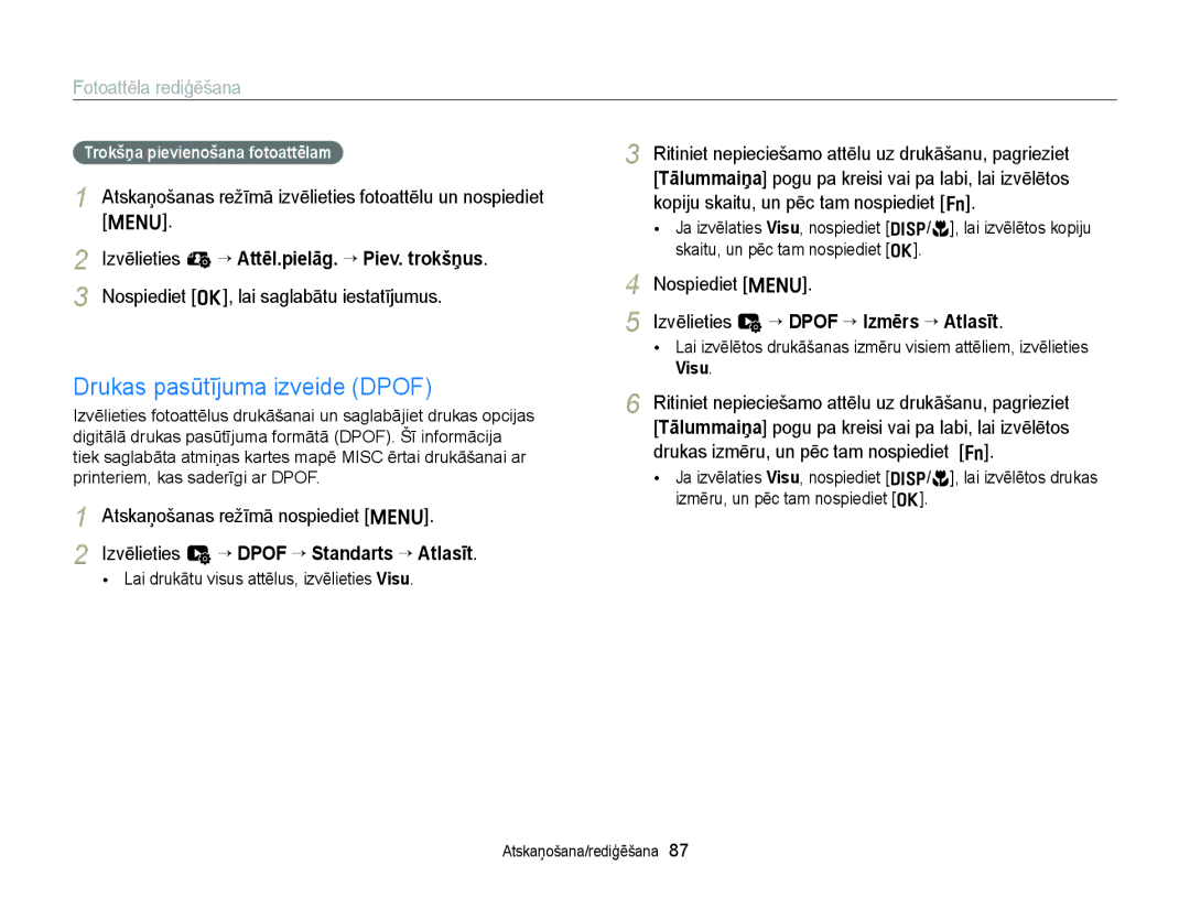 Samsung EC-ST88ZZBPBE2, EC-ST88ZZBPLE2, EC-ST88ZZBPWE2 Drukas pasūtījuma izveide Dpof, Trokšņa pievienošana fotoattēlam 