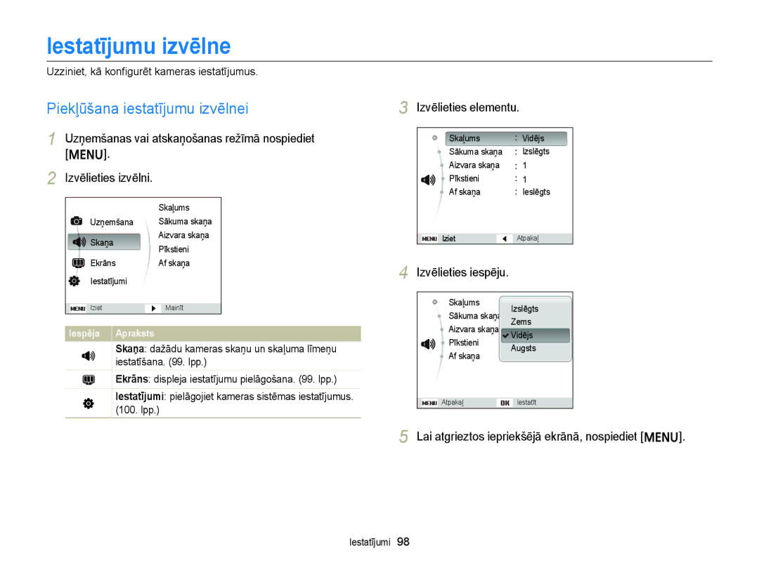 Samsung EC-ST88ZZFPLE2, EC-ST88ZZBPLE2 manual Iestatījumu izvēlne, Piekļūšana iestatījumu izvēlnei, Izvēlieties elementu 