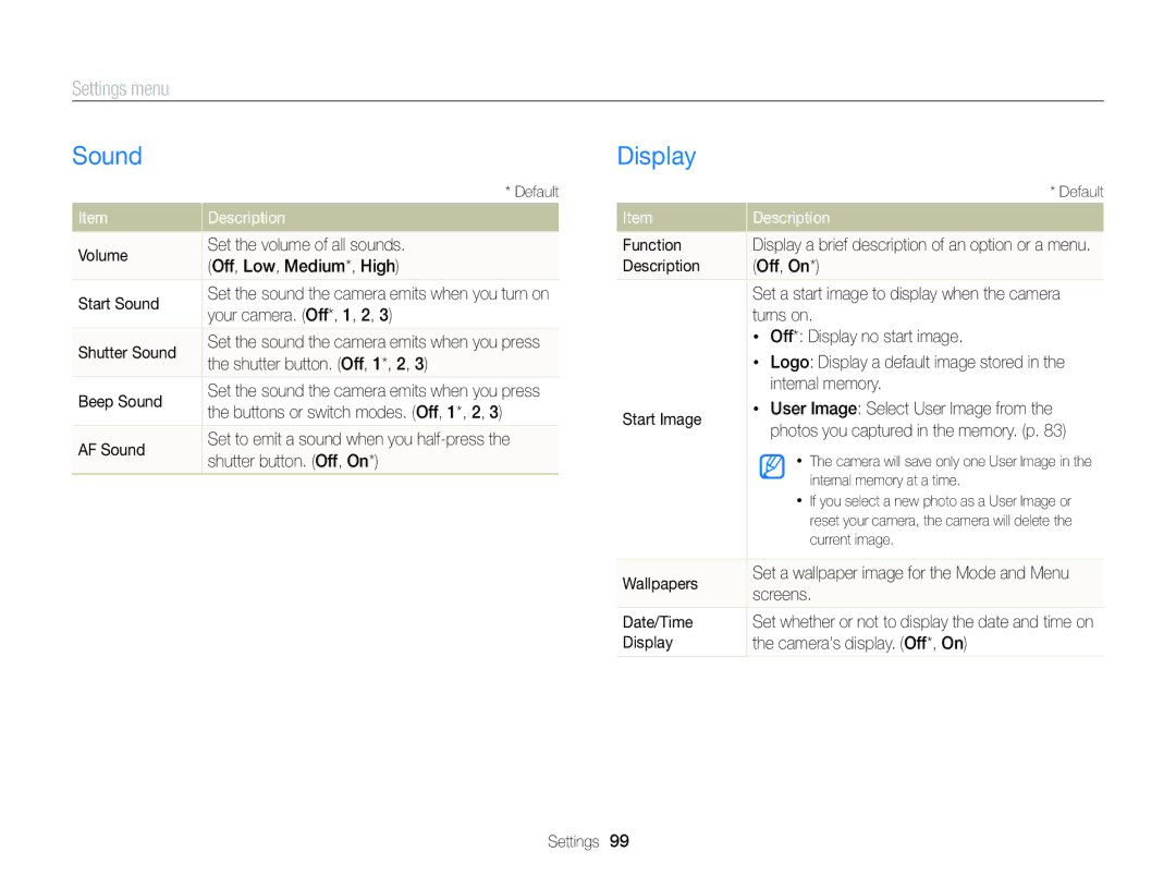 Samsung EC-ST88ZZBPWE3, EC-ST88ZZBPWE1, EC-ST88ZZBPBE1, EC-ST88ZZBPLE1, EC-ST88ZZFPLE1 manual Sound, Display, Settings menu 