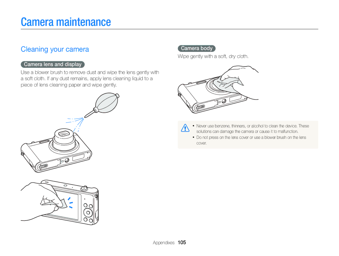 Samsung EC-ST88ZZFPLE2, EC-ST88ZZBPWE1 manual Camera maintenance, Cleaning your camera, Camera lens and display, Camera body 