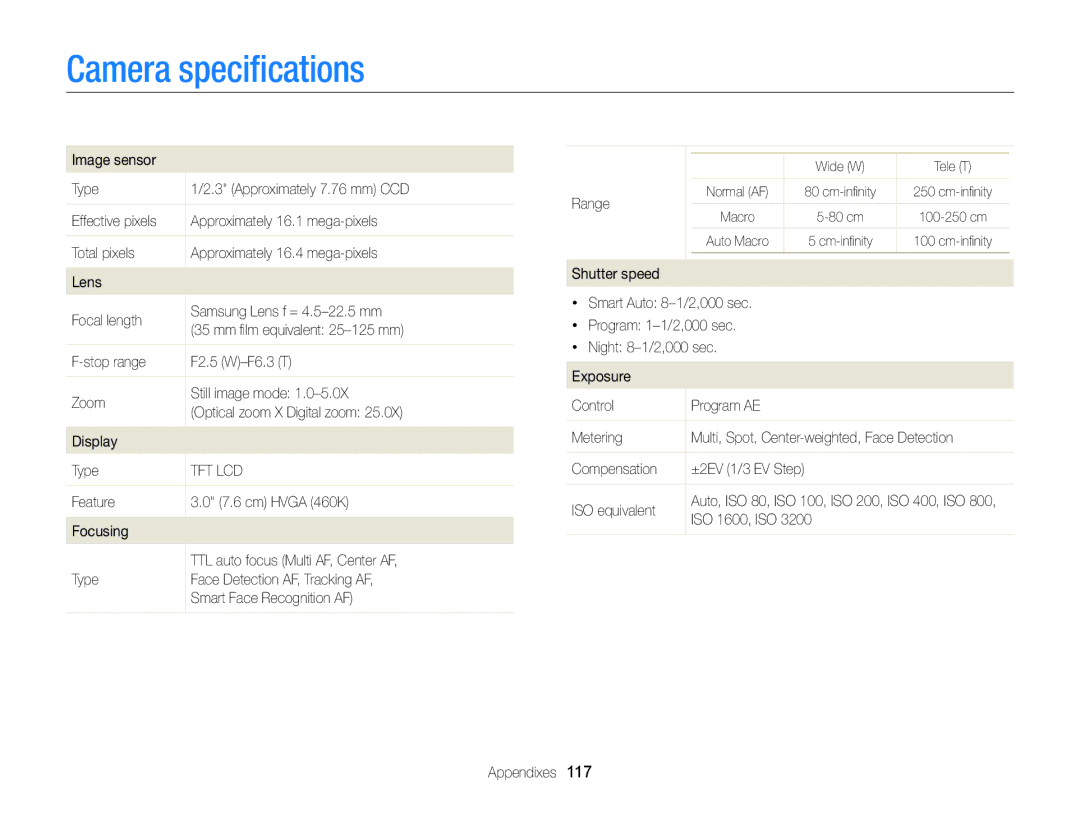 Samsung EC-ST88ZZBPBE1, EC-ST88ZZBPWE1, EC-ST88ZZBPLE1, EC-ST88ZZFPLE1, EC-ST88ZZFPBE1, EC-ST88ZZFPWE1 Camera speciﬁcations 