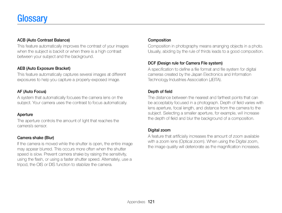 Samsung EC-ST88ZZFPWE1, EC-ST88ZZBPWE1, EC-ST88ZZBPBE1, EC-ST88ZZBPLE1 Glossary, AF Auto Focus, Composition, Digital zoom 