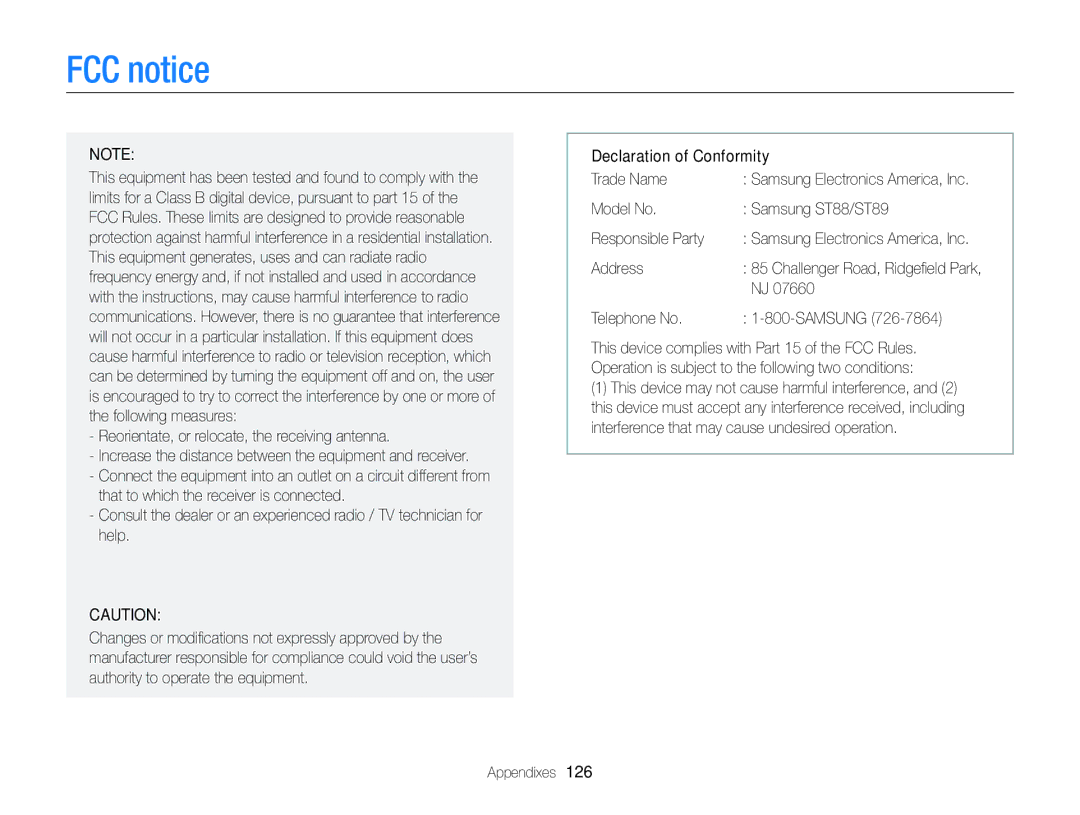 Samsung EC-ST88ZZDPLIR manual FCC notice, Model No Samsung ST88/ST89 Responsible Party, Address, Telephone No Samsung 