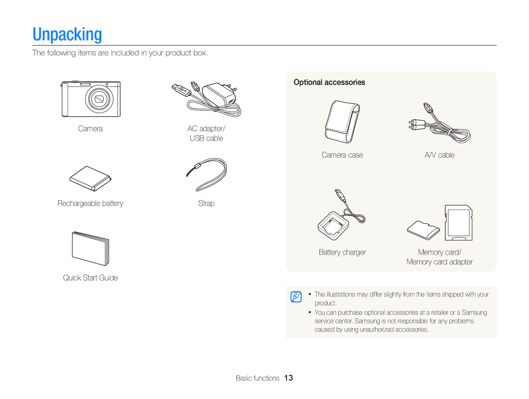 Samsung EC-ST88ZZDPLME, EC-ST88ZZBPWE1, EC-ST88ZZBPBE1, EC-ST88ZZBPLE1, EC-ST88ZZFPLE1, EC-ST88ZZFPBE1 manual Unpacking 