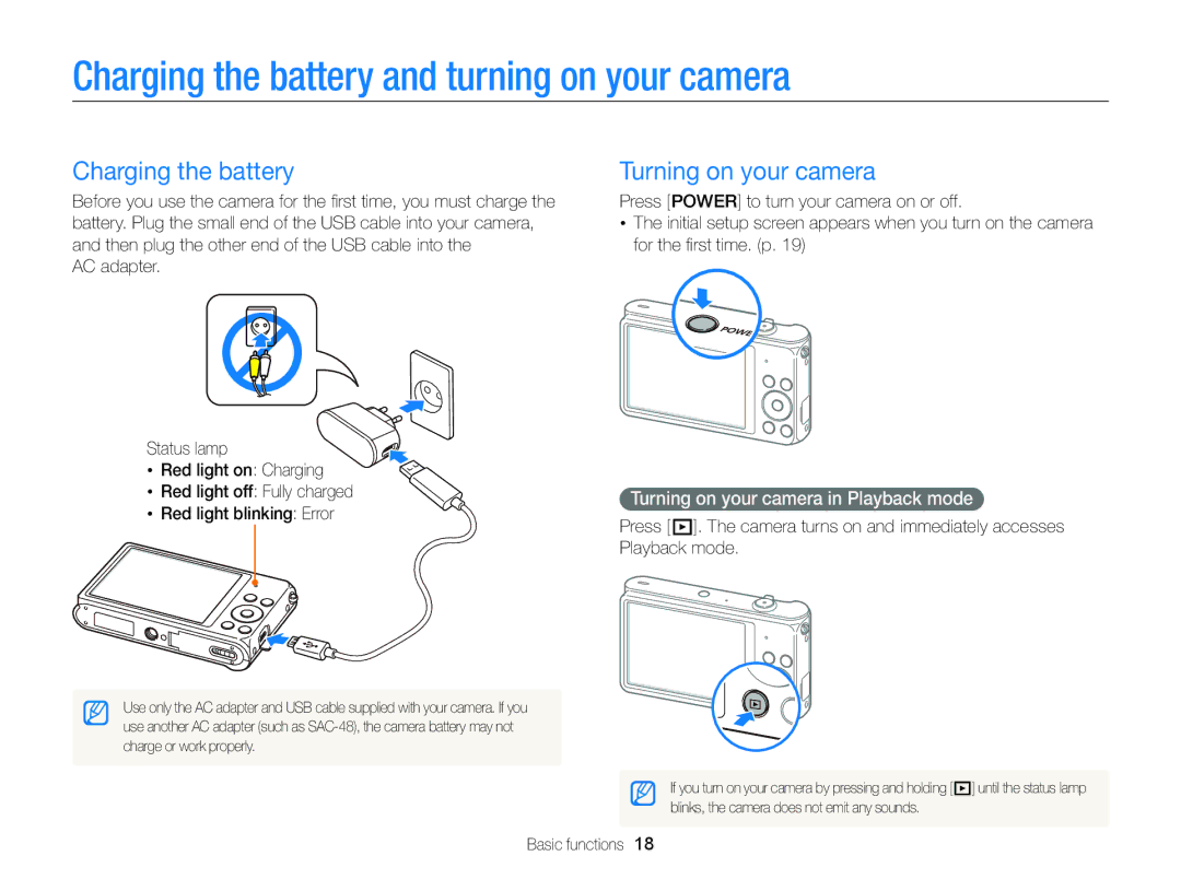 Samsung EC-ST88ZZBDBVN, EC-ST88ZZBPWE1 manual Charging the battery and turning on your camera, Turning on your camera 