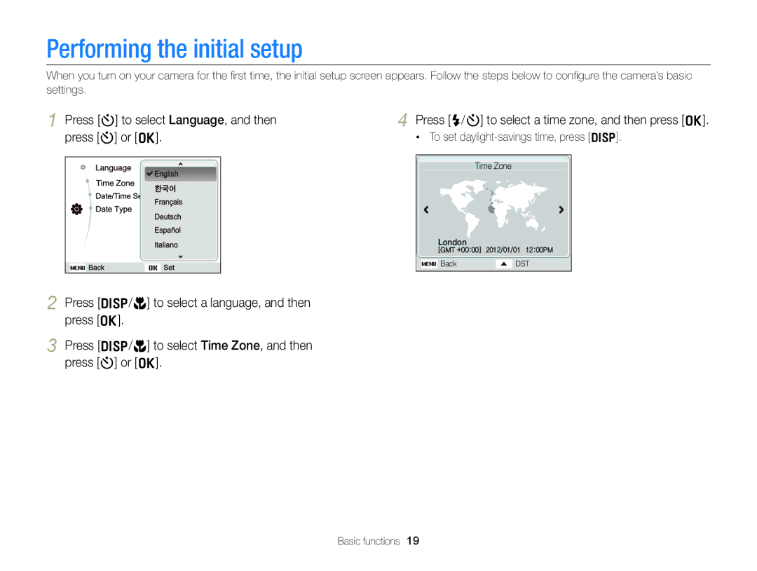 Samsung EC-ST88ZZFDBVN, EC-ST88ZZBPWE1, EC-ST88ZZBPBE1 Performing the initial setup, To set daylight-savings time, press D 