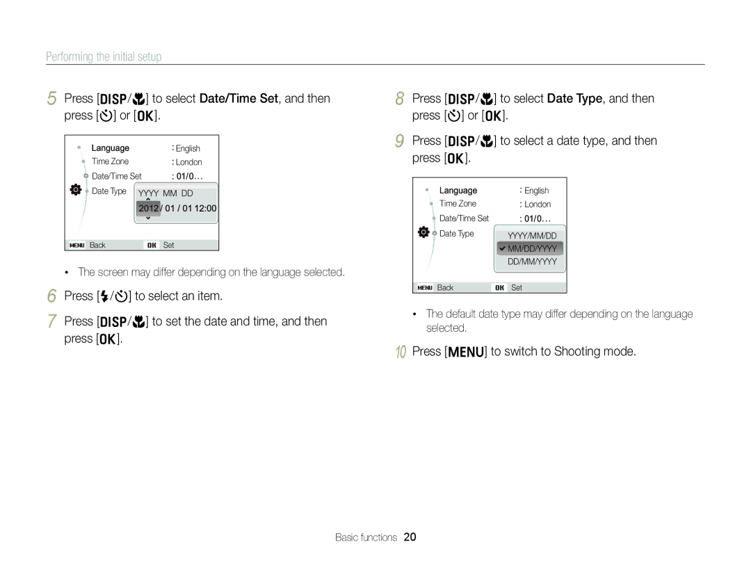 Samsung EC-ST88ZZFPBE3 manual Performing the initial setup, Press D/c to select Date/Time Set, and then press t or o 