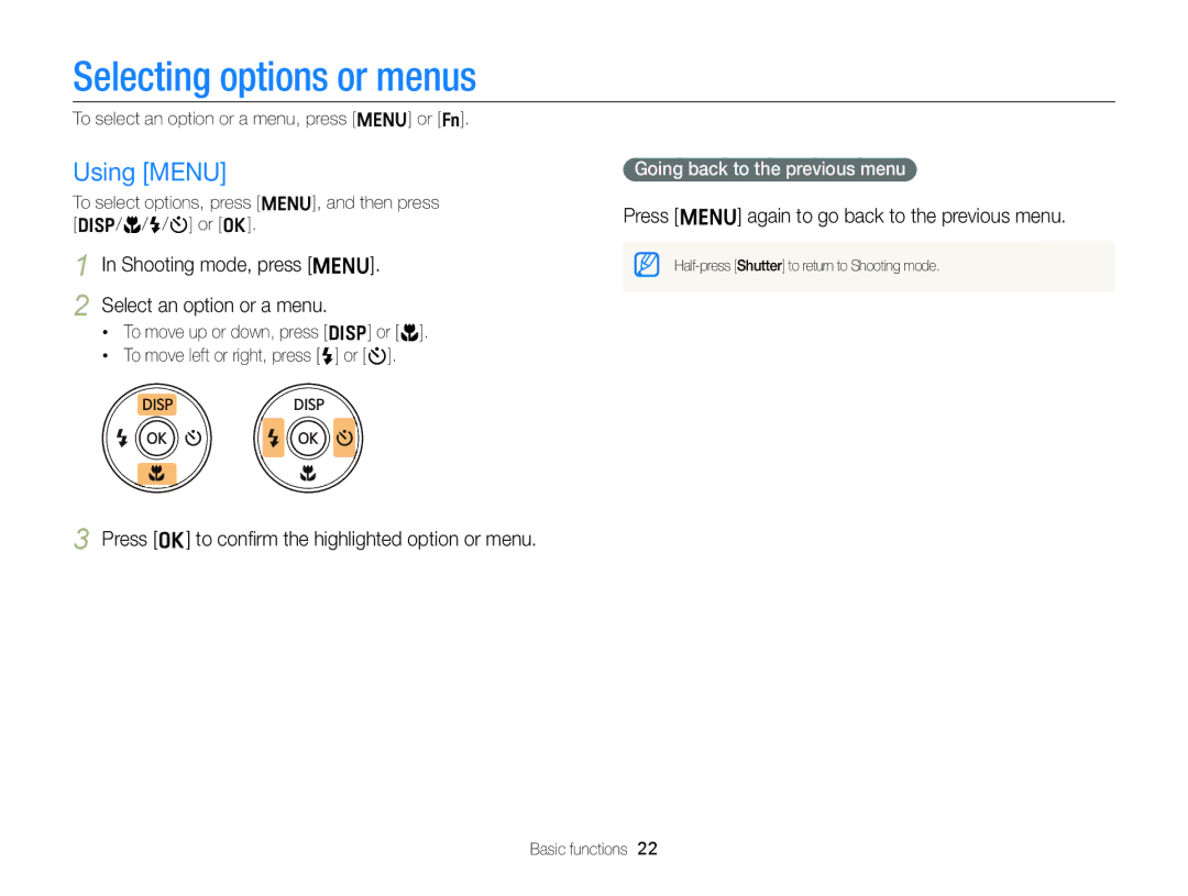 Samsung EC-ST88ZZFPWE3 manual Selecting options or menus, Using Menu, Shooting mode, press m Select an option or a menu 