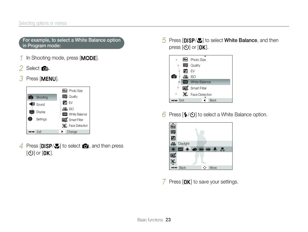 Samsung EC-ST88ZZBPBE3 Selecting options or menus, Shooting mode, press M Select p Press m, Press o to save your settings 