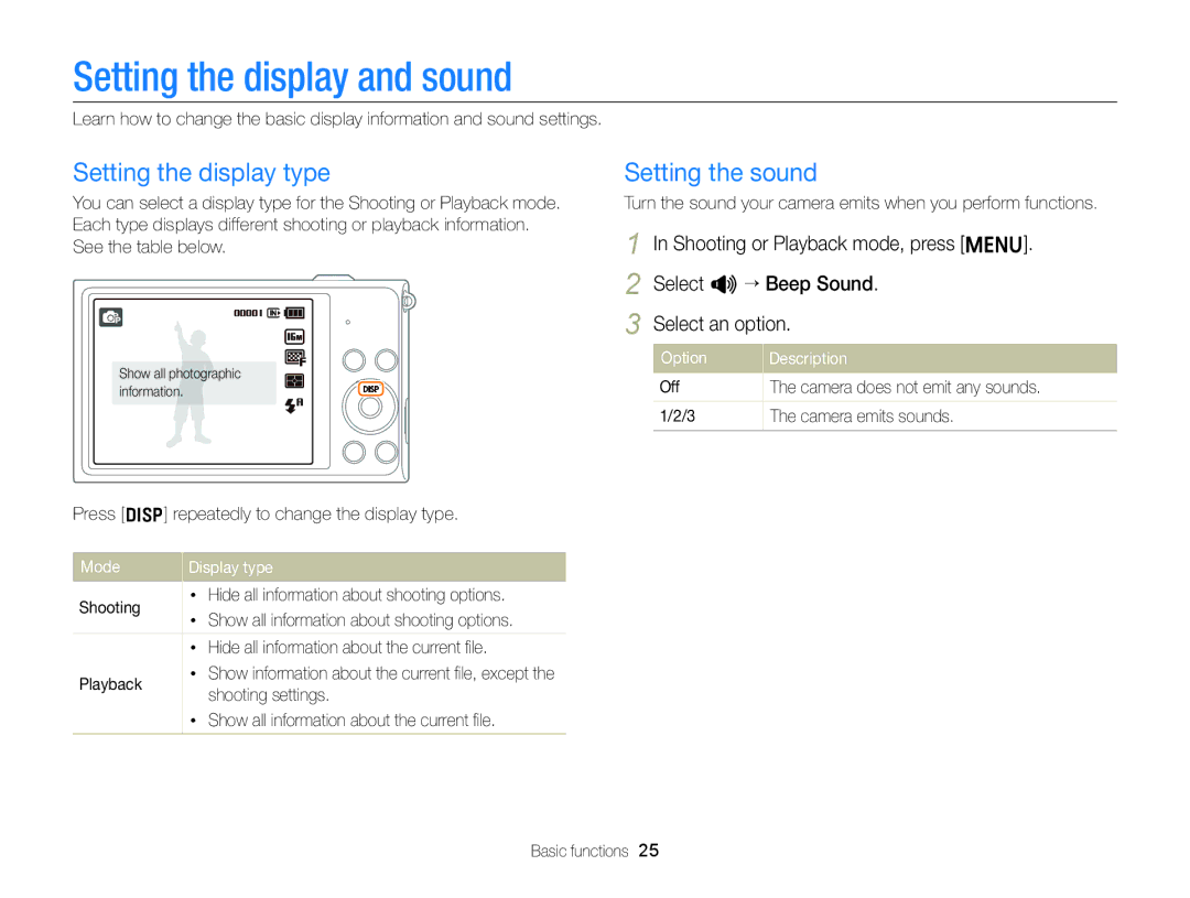 Samsung EC-ST88ZZBPWE2 manual Setting the display and sound, Setting the display type, Setting the sound, Mode Display type 