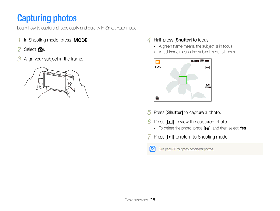 Samsung EC-ST88ZZFPWE2, EC-ST88ZZBPWE1 manual Capturing photos, Shooting mode, press M Select S Half-press Shutter to focus 