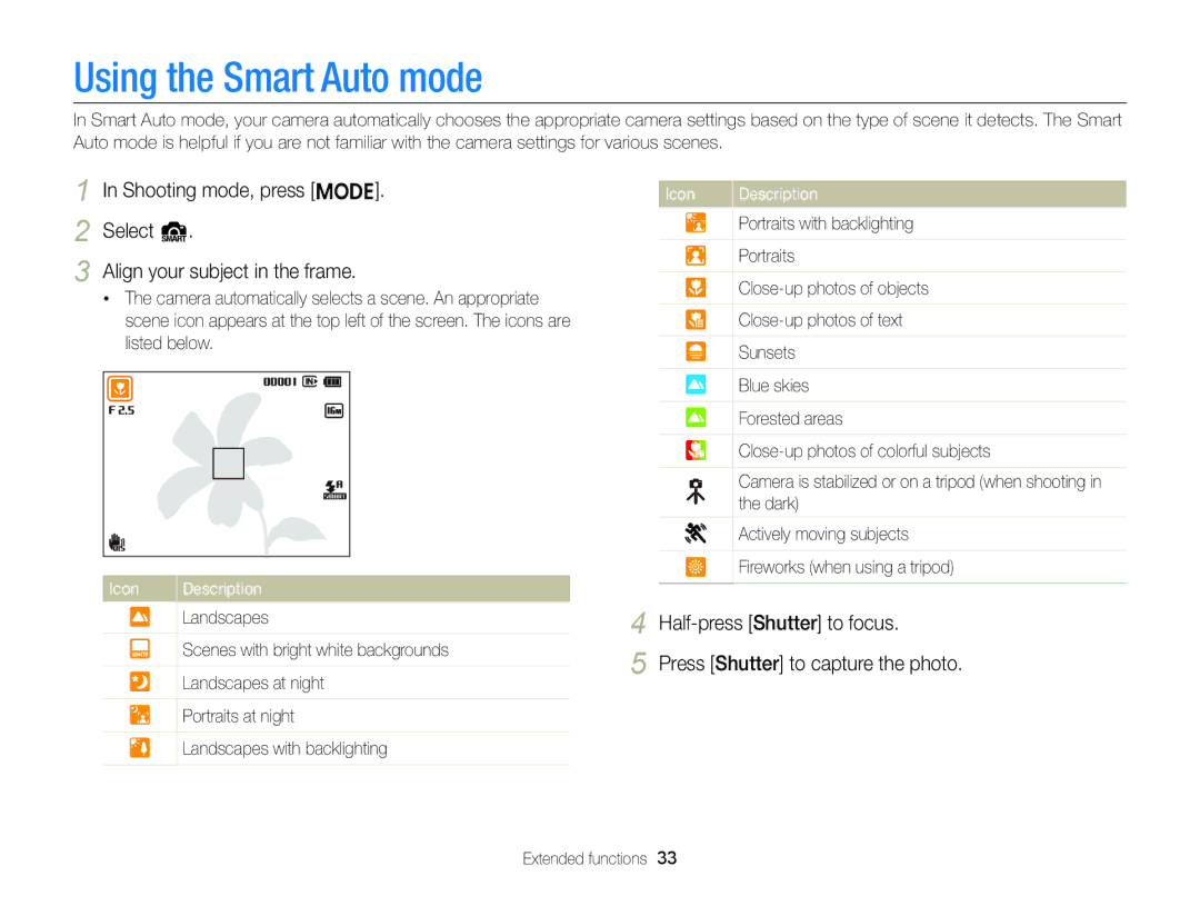 Samsung EC-ST89ZZFPWRU, EC-ST88ZZBPWE1, EC-ST88ZZBPBE1, EC-ST88ZZBPLE1, EC-ST88ZZFPLE1 manual Using the Smart Auto mode 