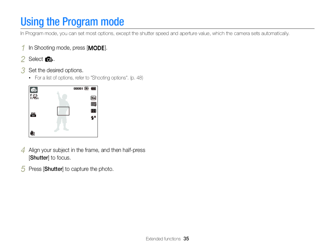 Samsung EC-ST88ZZFPBRU, EC-ST88ZZBPWE1 Using the Program mode, Shooting mode, press M Select p Set the desired options 