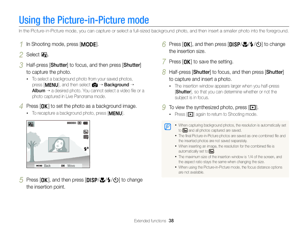 Samsung EC-ST88ZZBPWE1, EC-ST88ZZBPBE1 Using the Picture-in-Picture mode, Press o to set the photo as a background image 