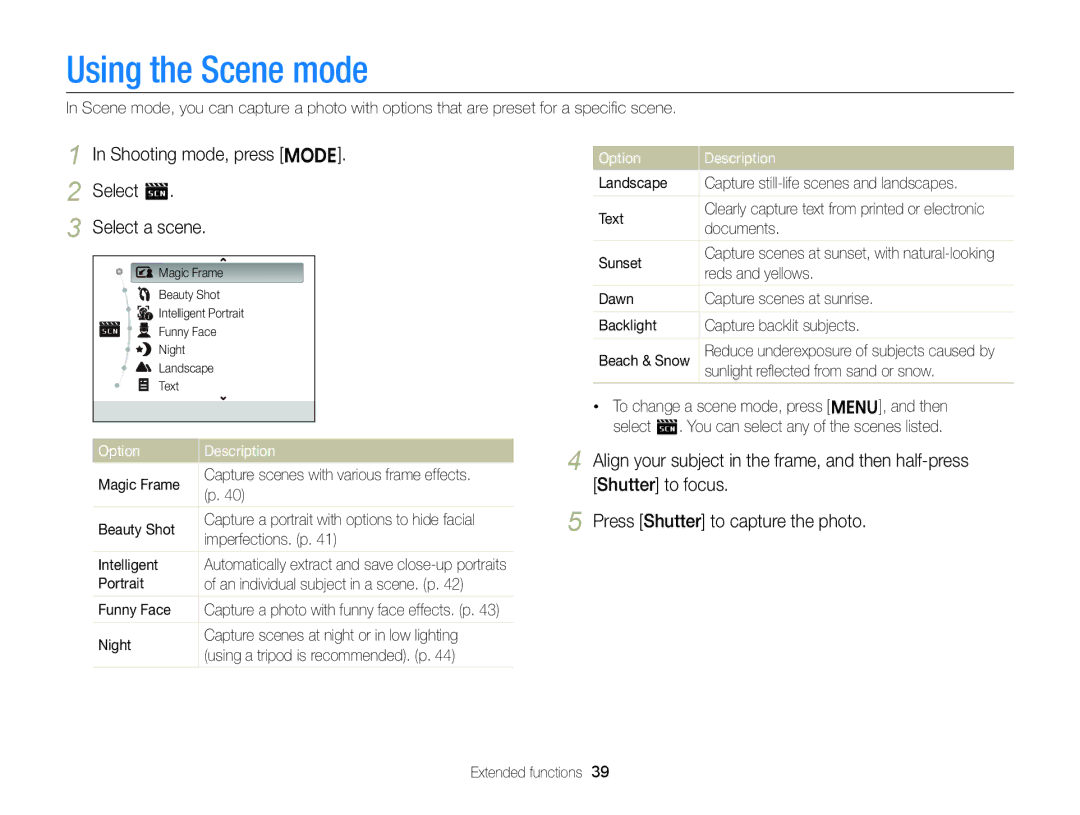 Samsung EC-ST88ZZBPBE1, EC-ST88ZZBPWE1, EC-ST88ZZBPLE1 Using the Scene mode, Shooting mode, press M Select s Select a scene 