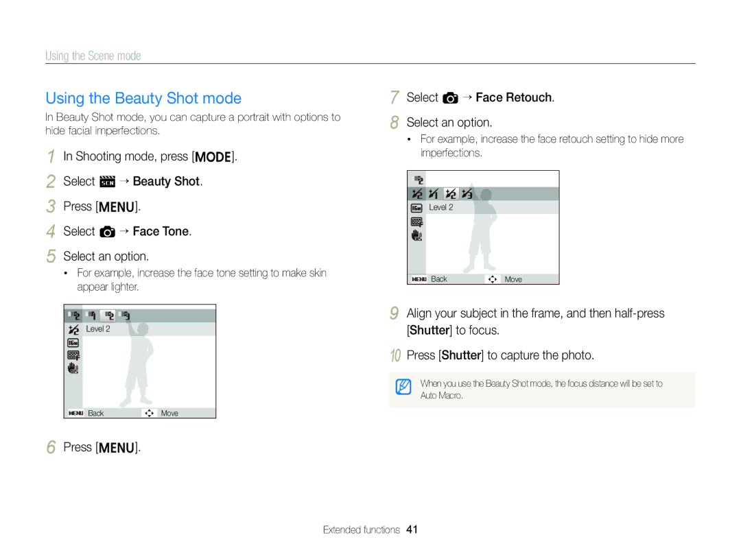 Samsung EC-ST88ZZFPLE1, EC-ST88ZZBPWE1 manual Using the Beauty Shot mode, Press m Select a “ Face Retouch Select an option 