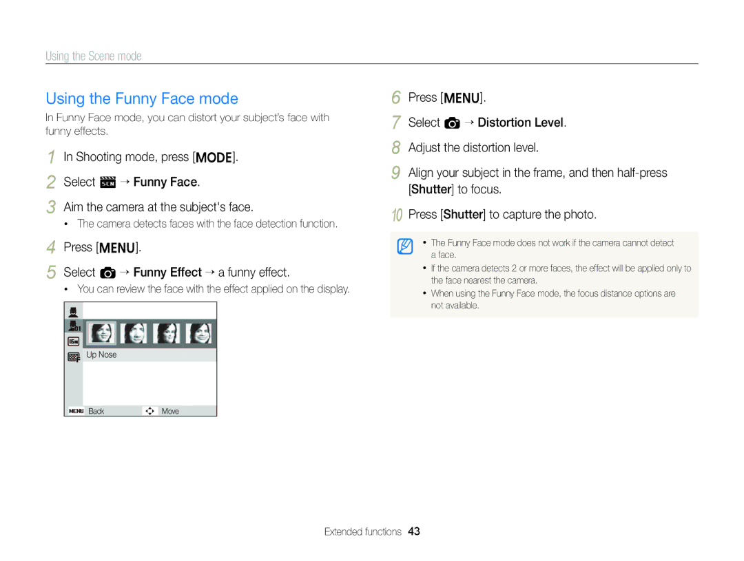 Samsung EC-ST88ZZFPWE1, EC-ST88ZZBPWE1 manual Using the Funny Face mode, Press m Select a “ Funny Effect “ a funny effect 