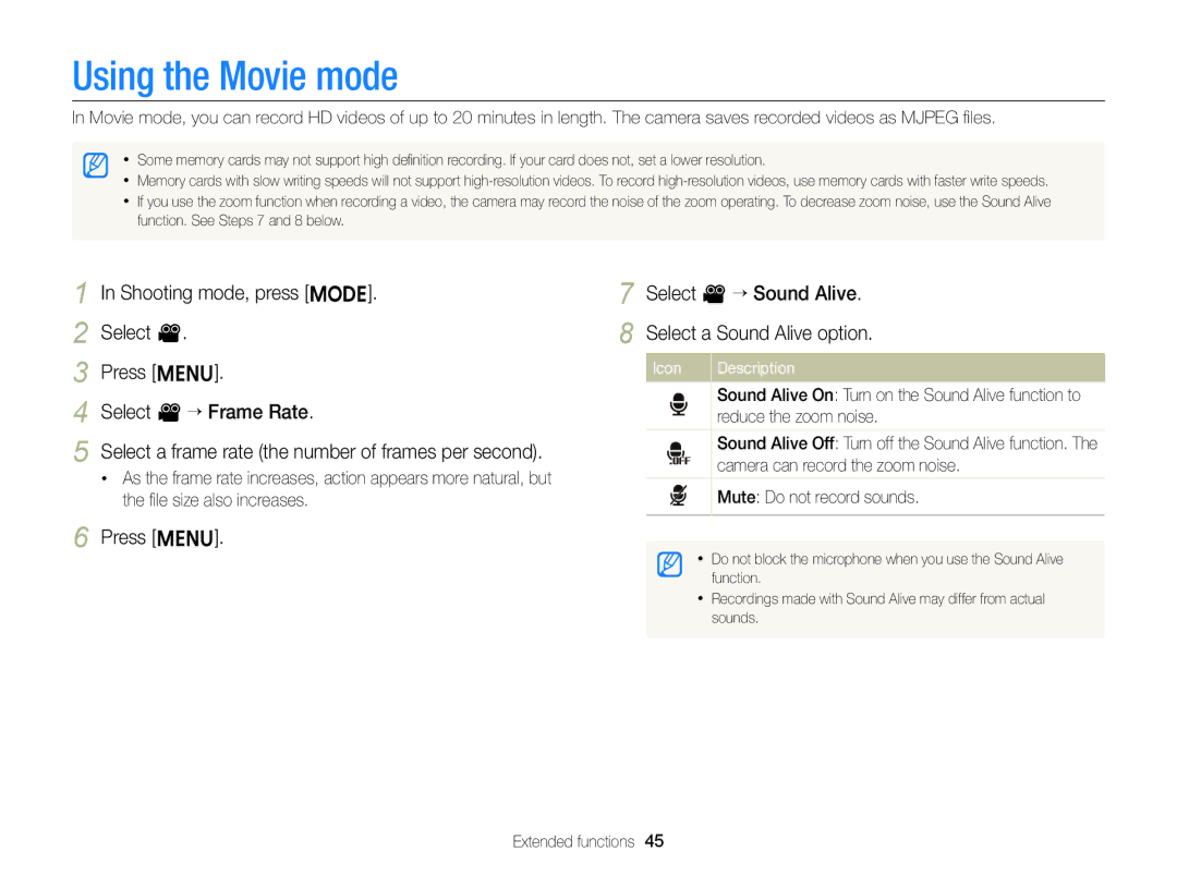 Samsung EC-ST88ZZFPWIL, EC-ST88ZZBPWE1 Using the Movie mode, Press m Select v “ Sound Alive Select a Sound Alive option 