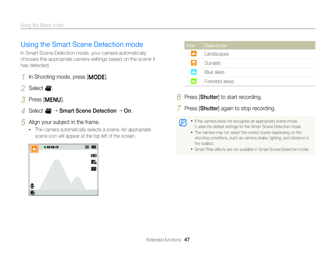 Samsung EC-ST88ZZDPBME, EC-ST88ZZBPWE1 Using the Smart Scene Detection mode, Press Shutter to start recording, Landscapes 