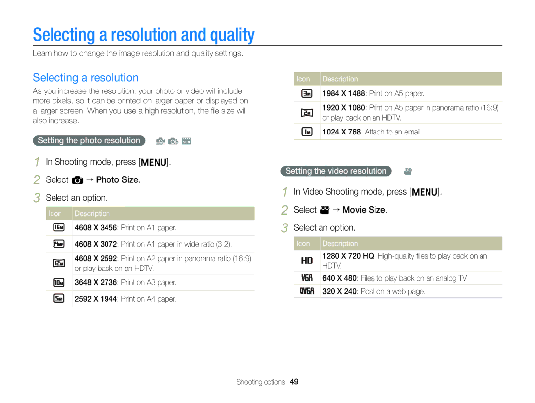 Samsung EC-ST88ZZBPBRU, EC-ST88ZZBPWE1 manual Selecting a resolution and quality, Setting the photo resolution S p s 