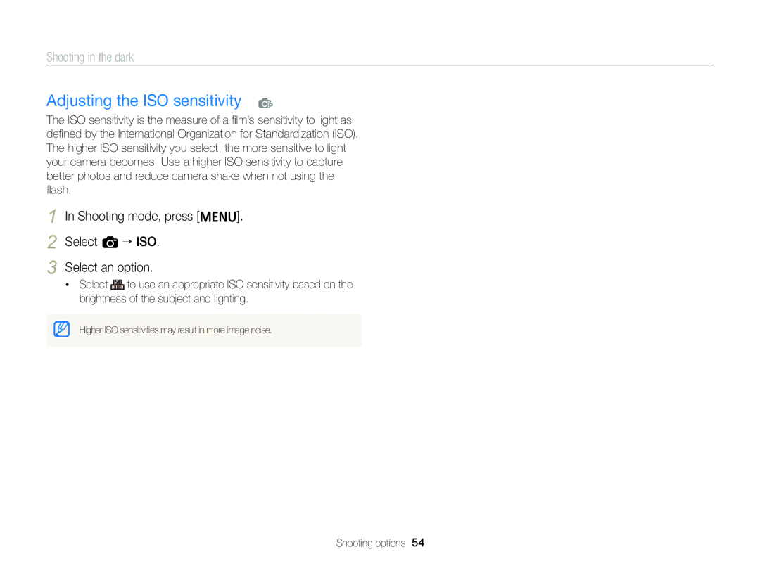 Samsung EC-ST88ZZDDBME manual Adjusting the ISO sensitivity p, Shooting mode, press m Select a “ ISO Select an option 