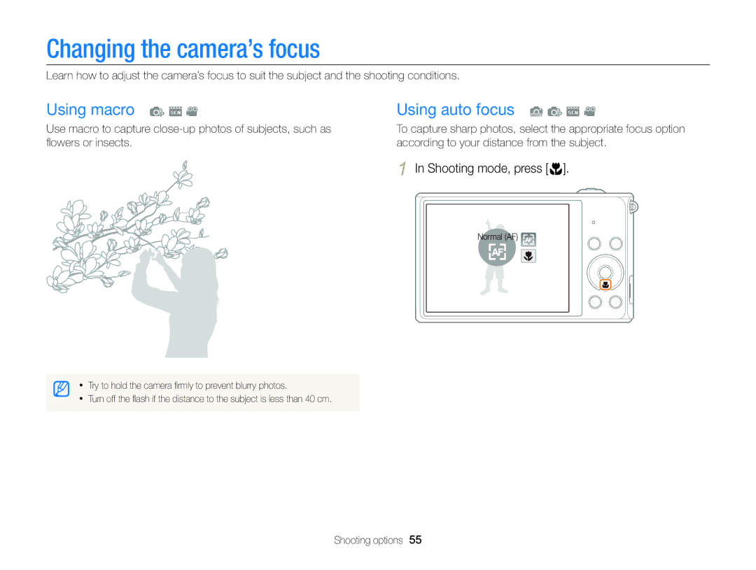 Samsung EC-ST88ZZDPBIR manual Changing the camera’s focus, Using macro p s Using auto focus S p s, Shooting mode, press c 