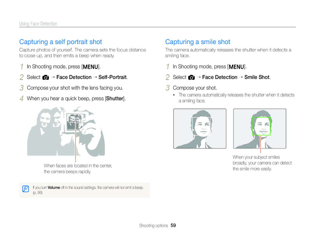 Samsung EC-ST88ZZFPBE3, EC-ST88ZZBPWE1 manual Capturing a self portrait shot, Capturing a smile shot, Using Face Detection 