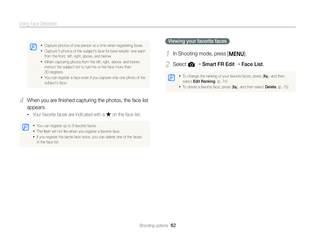 Samsung EC-ST88ZZBPBE3 manual Shooting mode, press m Select a “ Smart FR Edit “ Face List, Viewing your favorite faces 